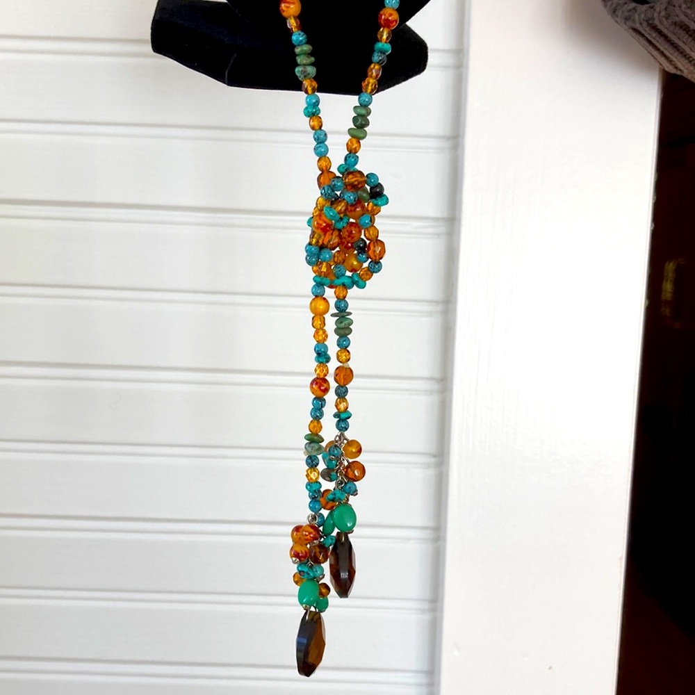 Convertible necklace. Faux turquoise/amber strand.  42 in.  Lariat or wrap